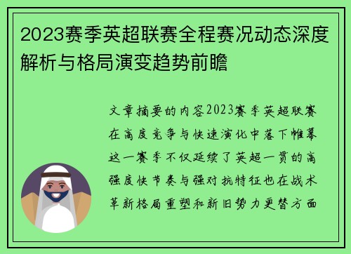 2023赛季英超联赛全程赛况动态深度解析与格局演变趋势前瞻